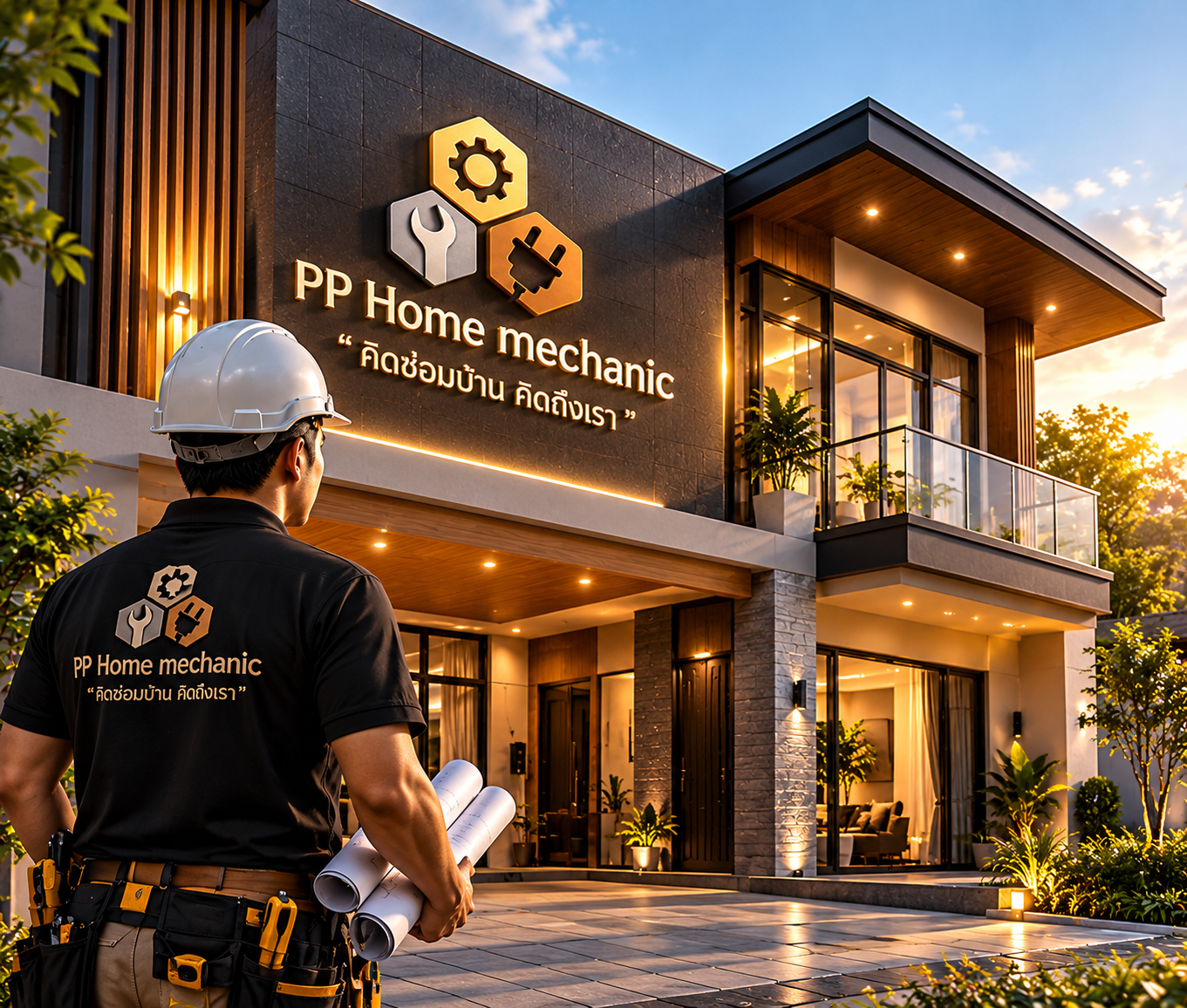 ช่าง PP Home mechanic สวมหมวกนิรภัยถือแบบแปลน ยืนหน้าบ้านที่มีป้ายโลโก้ คิดซ่อมบ้าน คิดถึงเรา